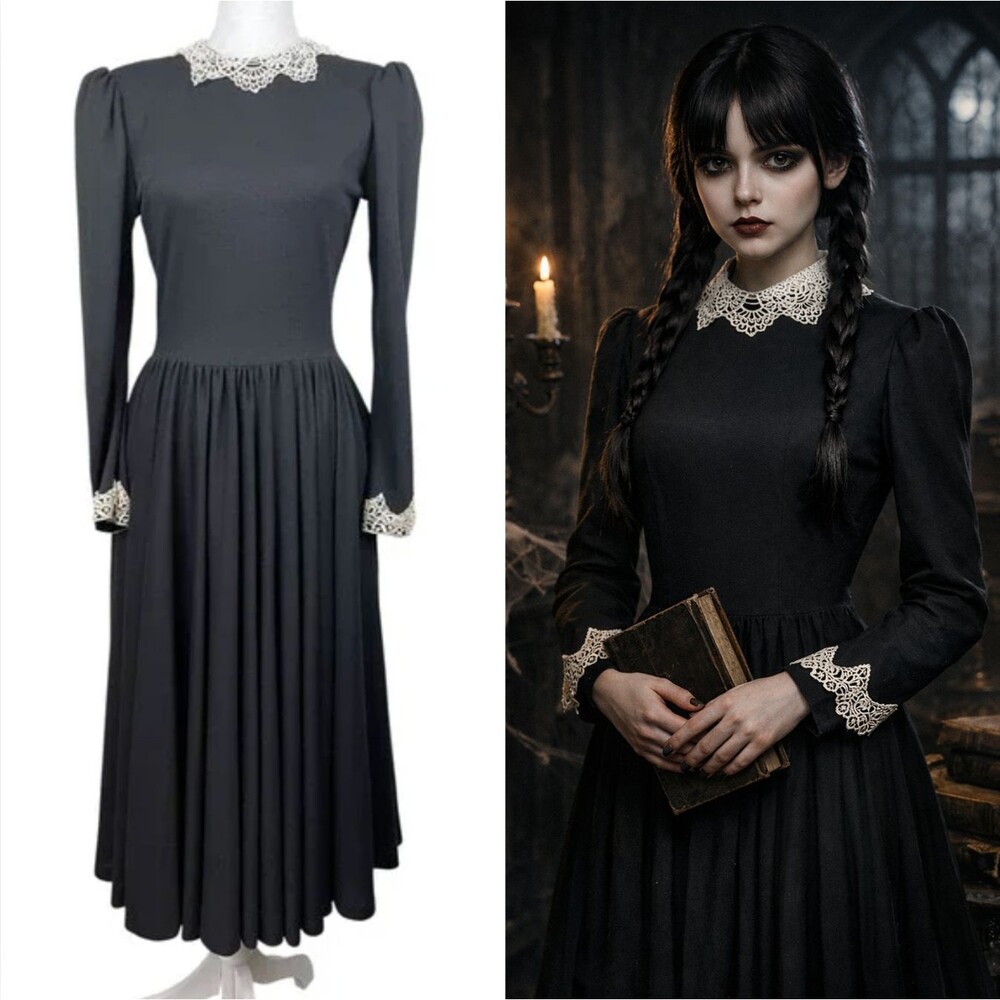 Vintage Wednesday Addams Style Dress Lace Collar Gothic Dark Academia 80s Sz 6